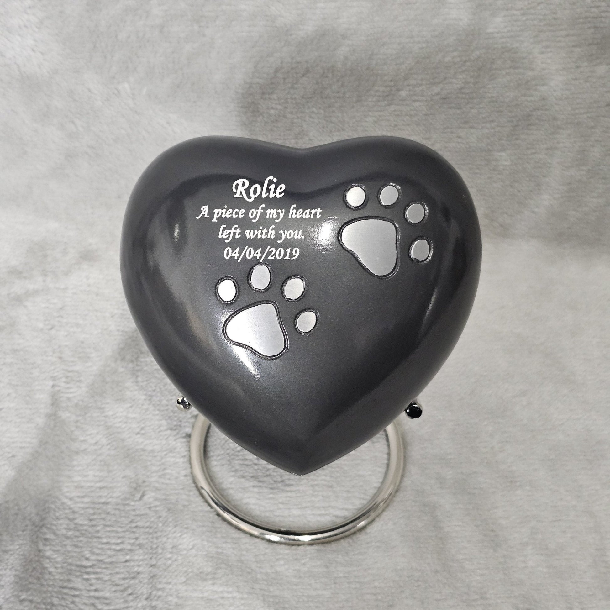 Personalised Grey Heart FREE stand Pet Urn - Living Forever Memories - For then, For now, Forever.