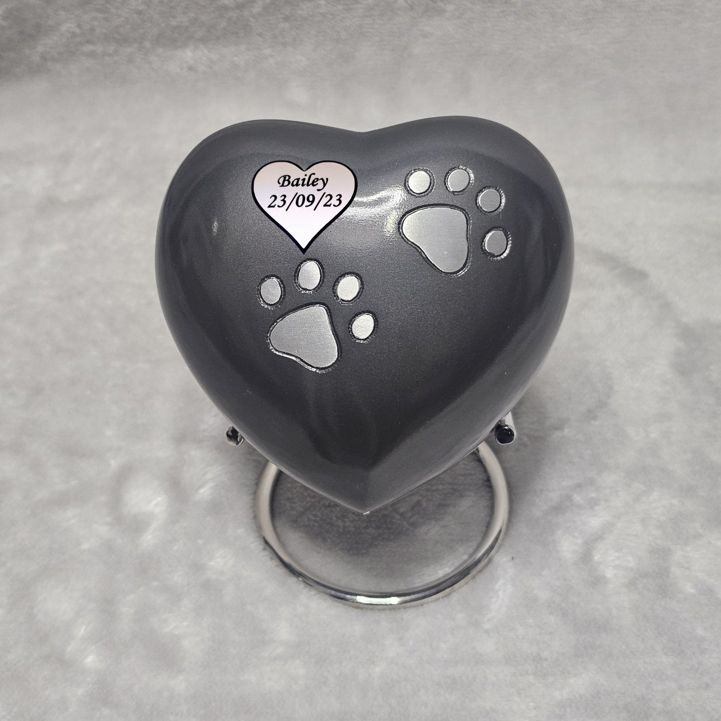 Personalised Grey Heart FREE stand Pet Urn - Living Forever Memories - For then, For now, Forever.