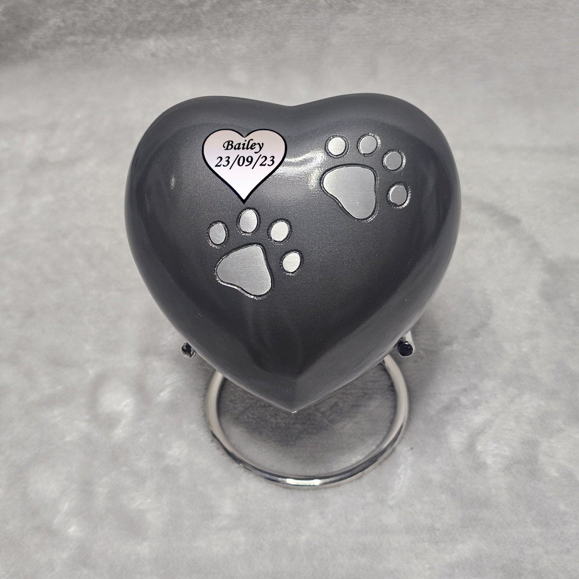 Personalised Grey Heart FREE stand Pet Urn - Living Forever Memories - For then, For now, Forever.