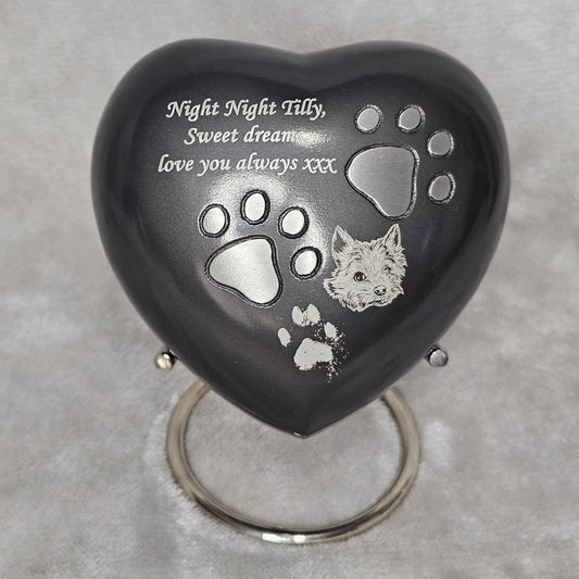 Personalised Grey Heart FREE stand Pet Urn - Living Forever Memories - For then, For now, Forever.