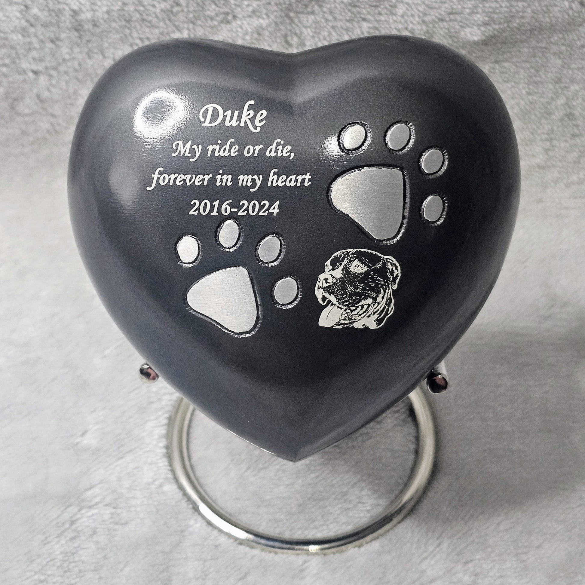 Personalised Grey Heart FREE stand Pet Urn - Living Forever Memories - For then, For now, Forever.