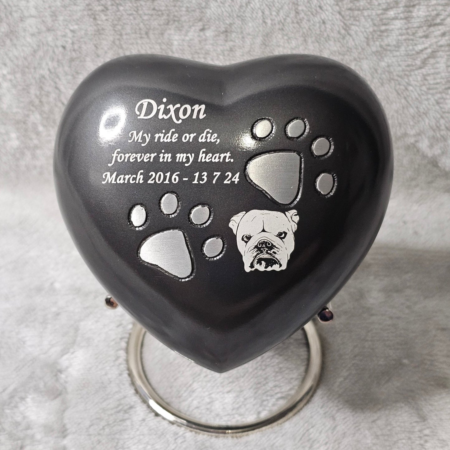 Personalised Grey Heart FREE stand Pet Urn - Living Forever Memories - For then, For now, Forever.