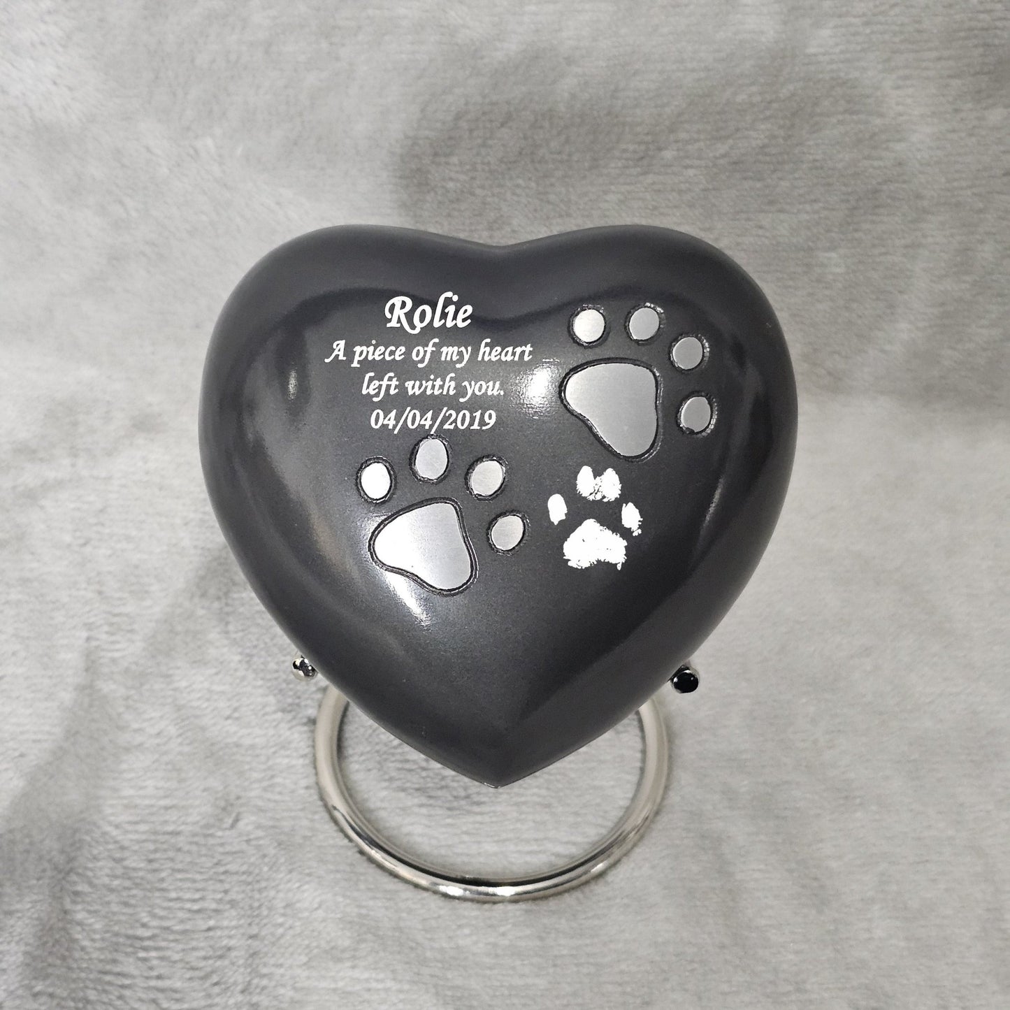 Personalised Grey Heart FREE stand Pet Urn - Living Forever Memories - For then, For now, Forever.