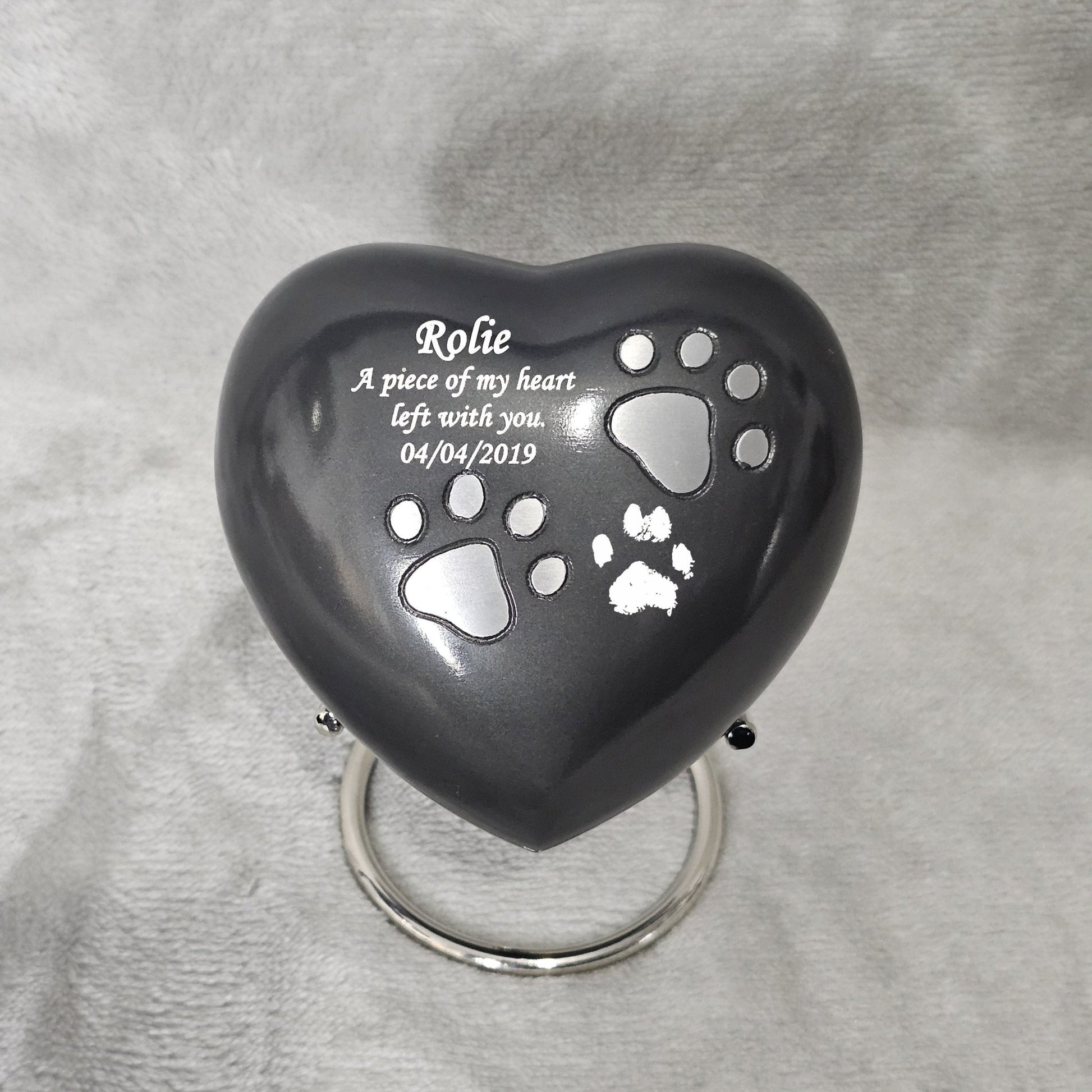 Personalised Grey Heart FREE stand Pet Urn - Living Forever Memories - For then, For now, Forever.