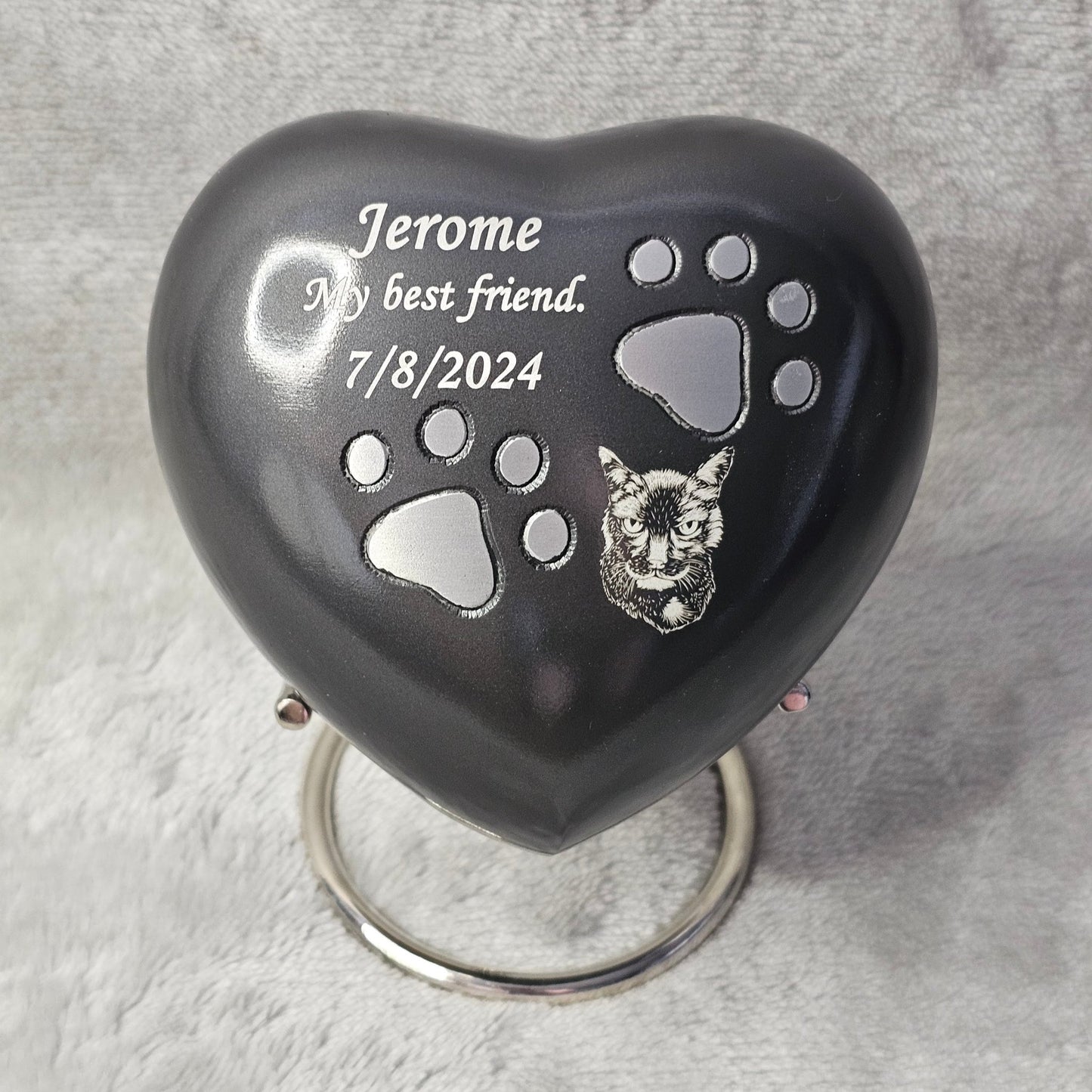 Personalised Grey Heart FREE stand Pet Urn - Living Forever Memories - For then, For now, Forever.