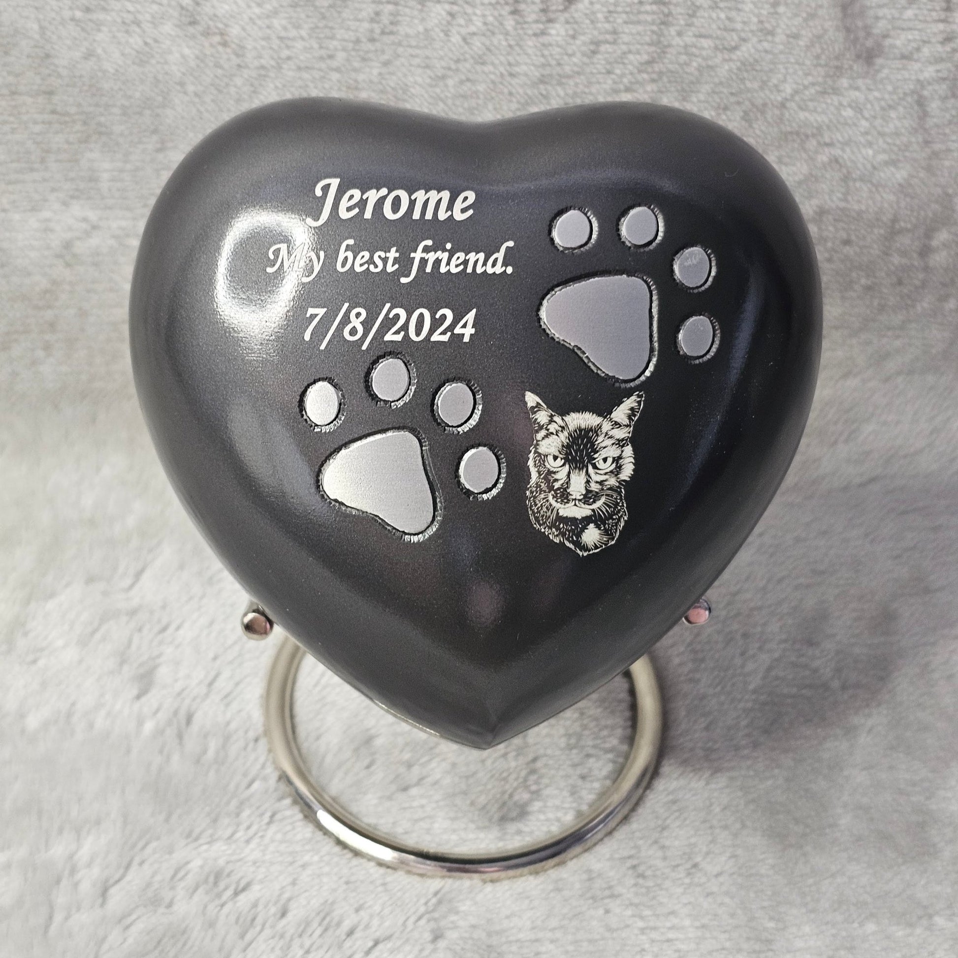 Personalised Grey Heart FREE stand Pet Urn - Living Forever Memories - For then, For now, Forever.