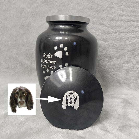 Personalised Grey Running Paw Jar Urn - FREE Velvet Box & Velvet Bag - Living Forever Memories - For then, For now, Forever.