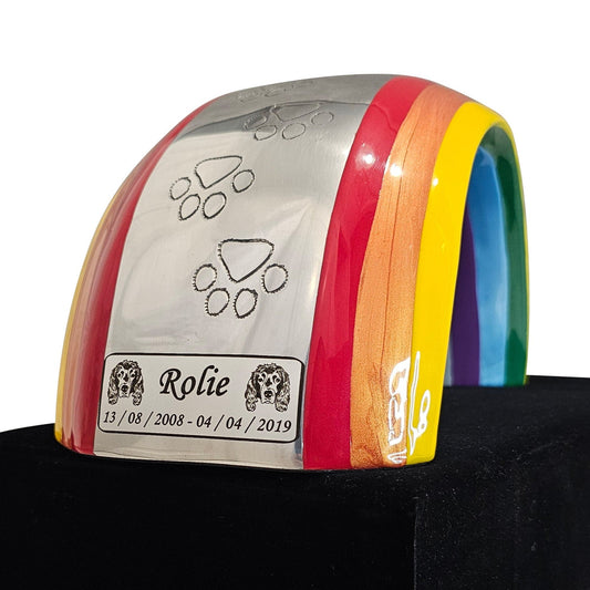 Personalised Large Rainbow Bridge Cremation Urn - Delivery & Velvet Box Included - Living Forever Memories - For then, For now, Forever.