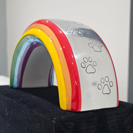 Personalised Medium Rainbow Bridge Pet Urn - FREE Velvet Box & Velvet Bag - Living Forever Memories - For then, For now, Forever.