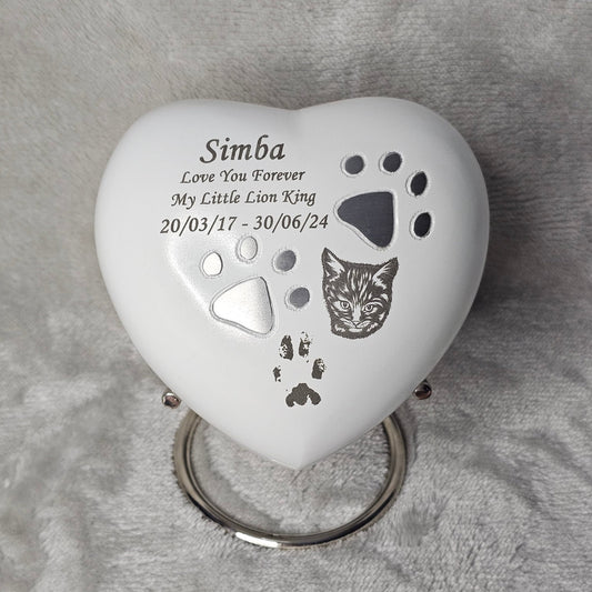 Personalised White Heart Pet Urn - FREE stand, FREE Velvet Box & Velvet Bag - Living Forever Memories - For then, For now, Forever.