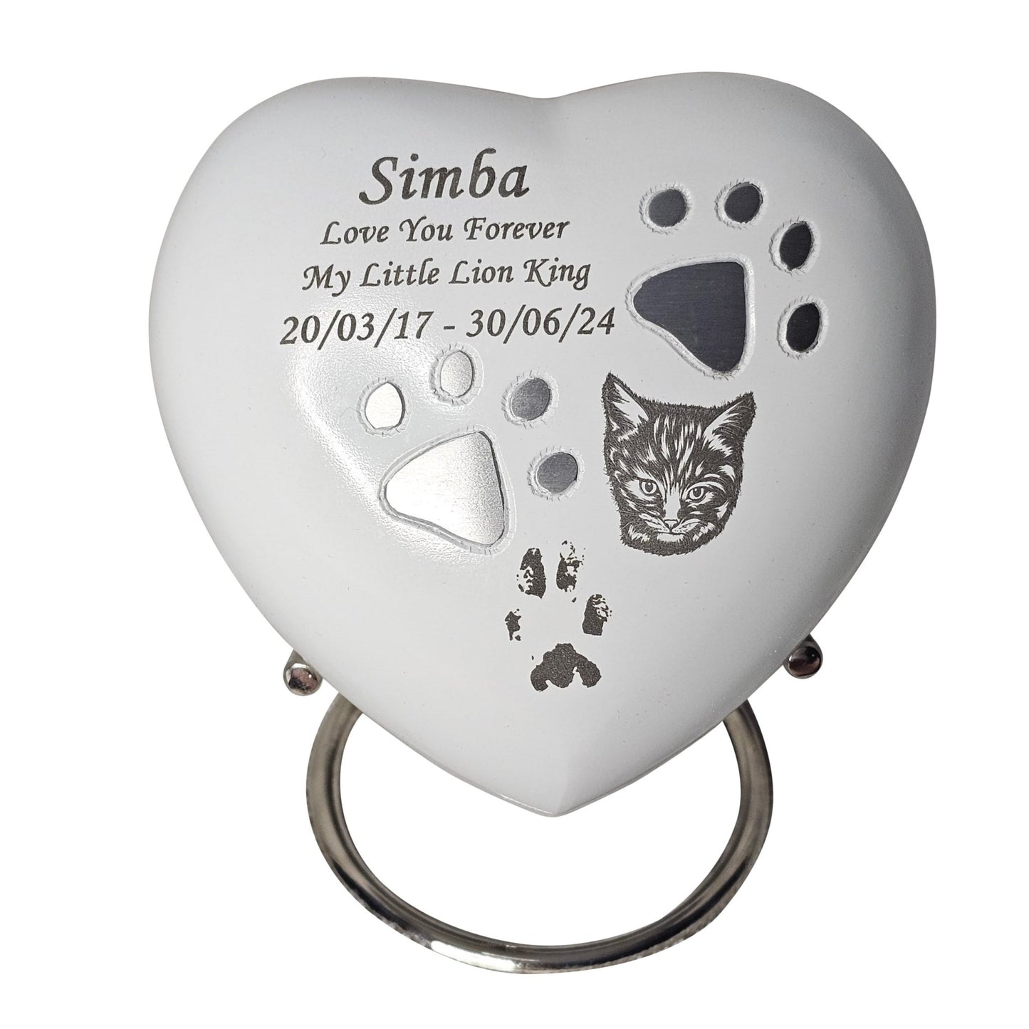 Personalised White Heart Pet Urn - Stand, Delivery & Velvet Box Included - Living Forever Memories - For then, For now, Forever.