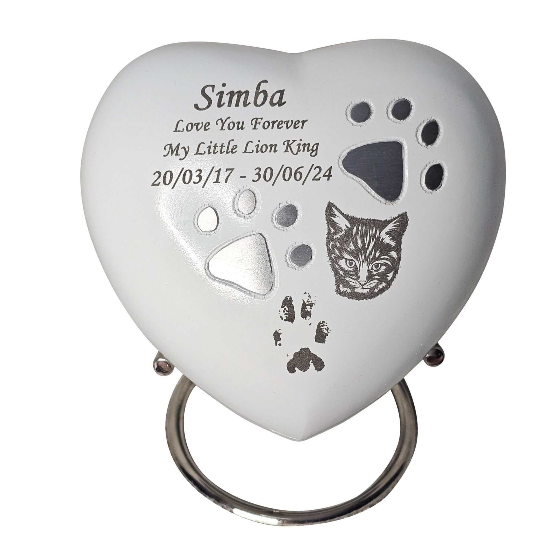 Personalised White Heart Pet Urn - Stand, Delivery & Velvet Box Included - Living Forever Memories - For then, For now, Forever.