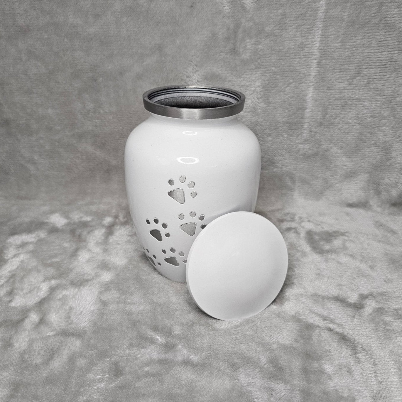 Personalised White Running Paw Jar Urn - FREE Velvet Box & Velvet Bag - Living Forever Memories - For then, For now, Forever.