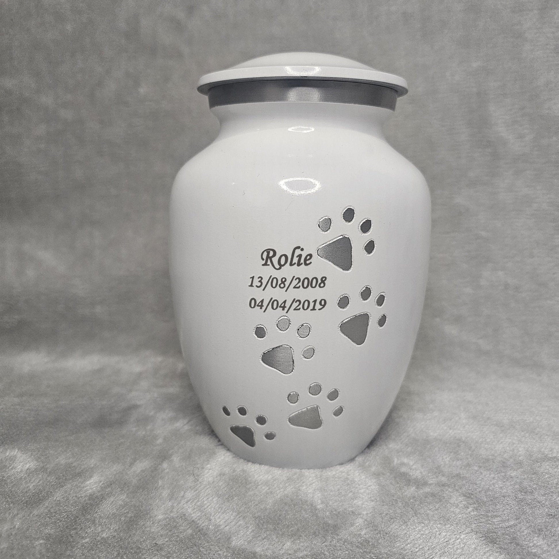 Personalised White Running Paw Jar Urn - FREE Velvet Box & Velvet Bag - Living Forever Memories - For then, For now, Forever.