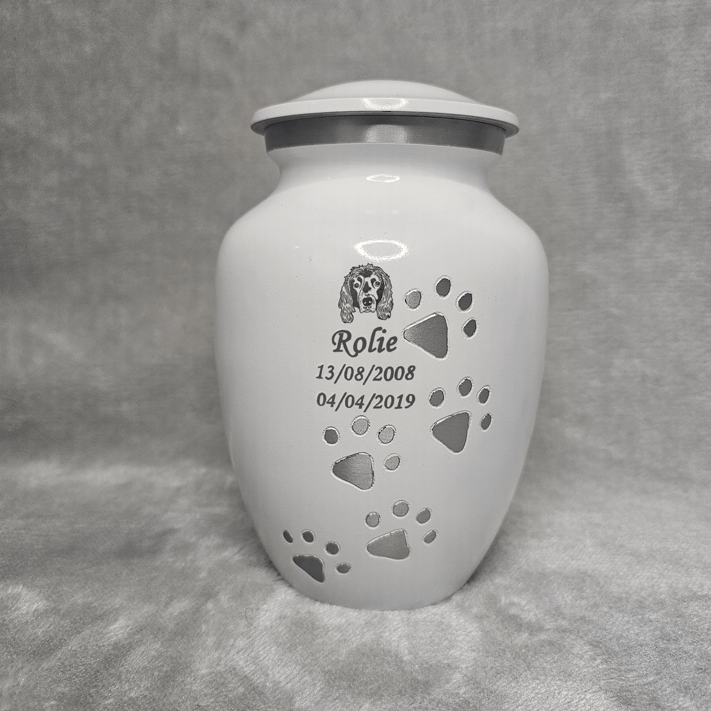 Personalised White Running Paw Jar Urn - FREE Velvet Box & Velvet Bag - Living Forever Memories - For then, For now, Forever.
