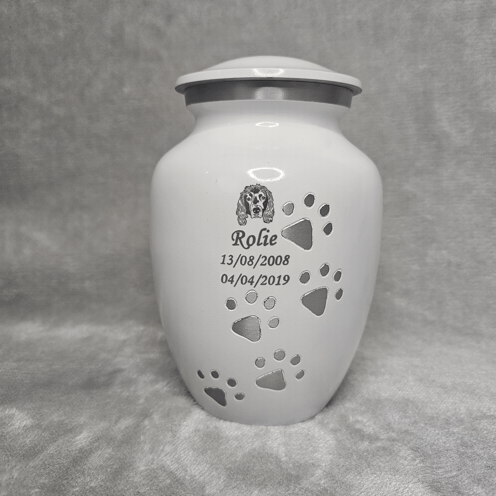 Personalised White Running Paw Jar Urn - FREE Velvet Box & Velvet Bag - Living Forever Memories - For then, For now, Forever.