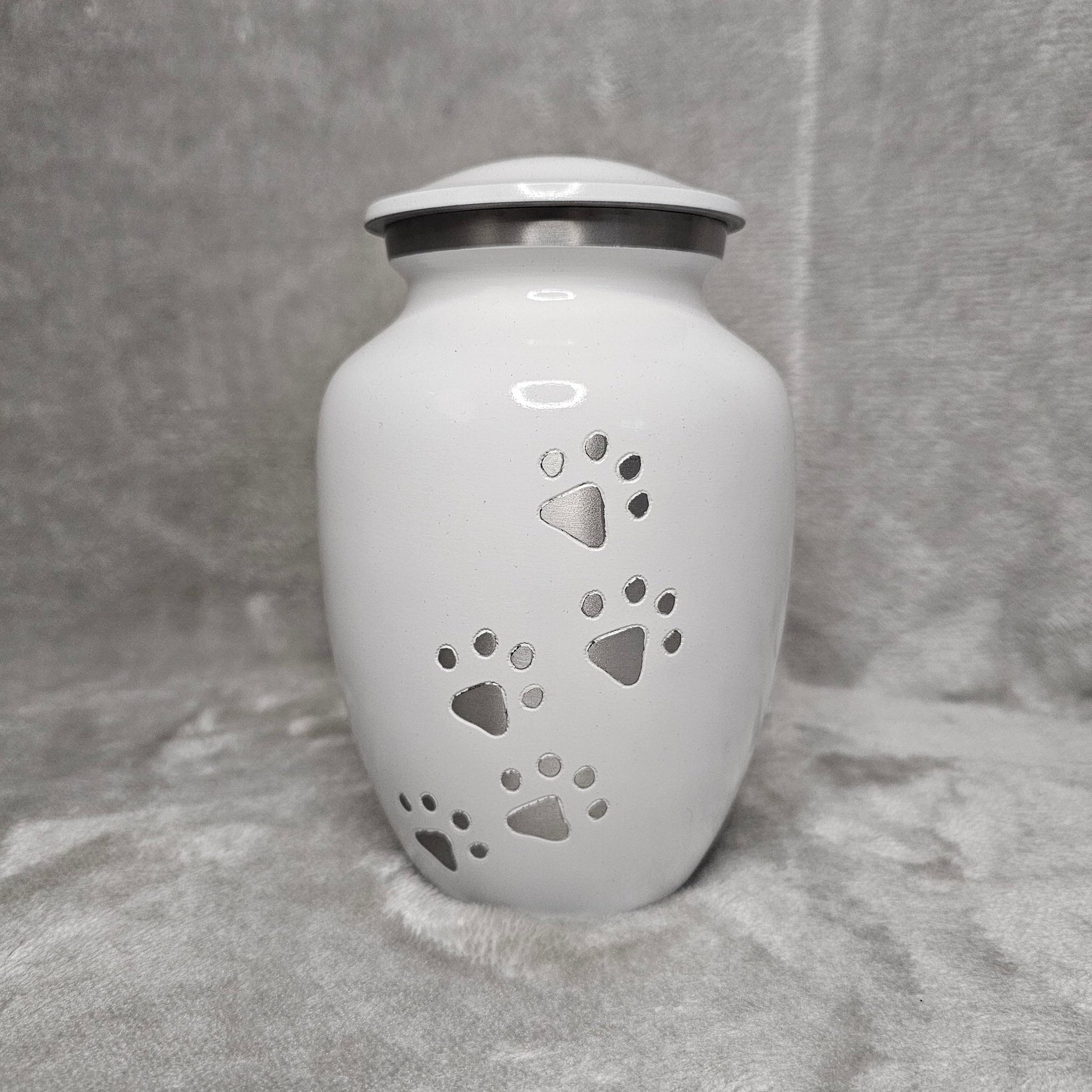 Personalised White Running Paw Jar Urn - FREE Velvet Box & Velvet Bag - Living Forever Memories - For then, For now, Forever.