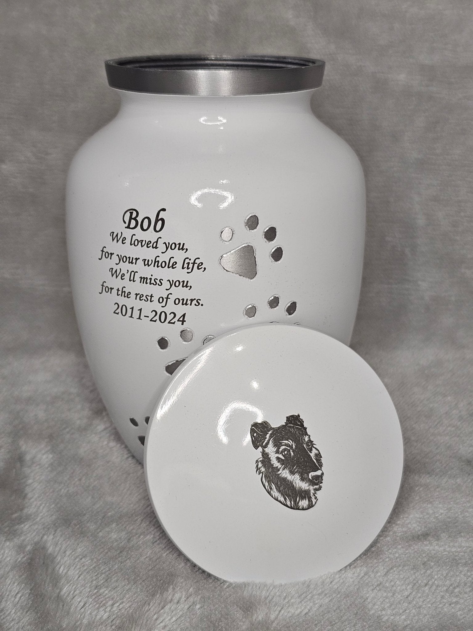 Personalised White Running Paw Jar Urn - FREE Velvet Box & Velvet Bag - Living Forever Memories - For then, For now, Forever.