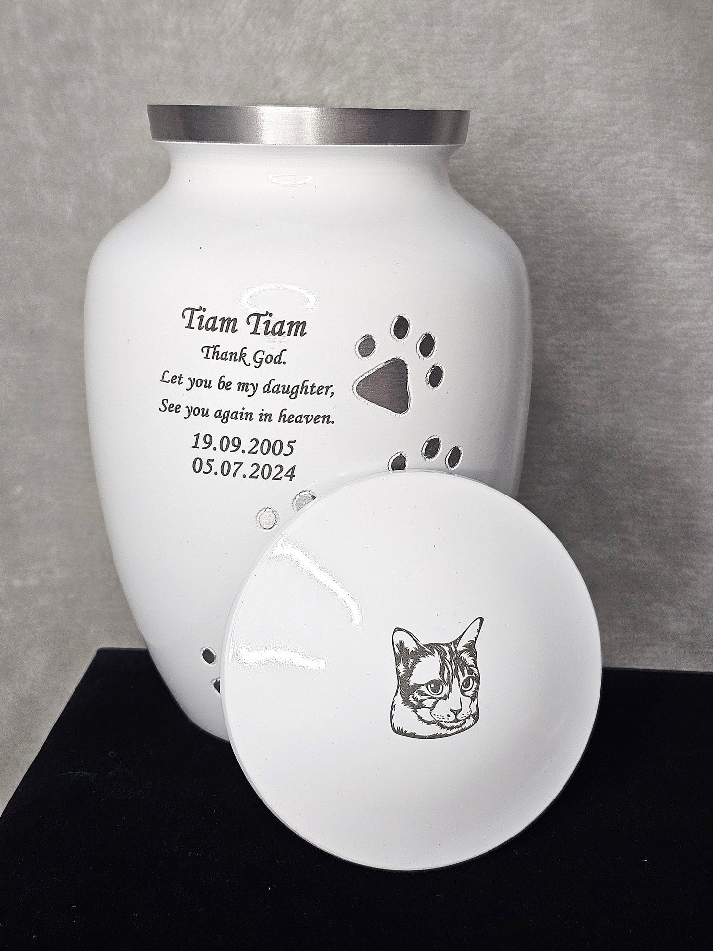 Personalised White Running Paw Jar Urn - FREE Velvet Box & Velvet Bag - Living Forever Memories - For then, For now, Forever.