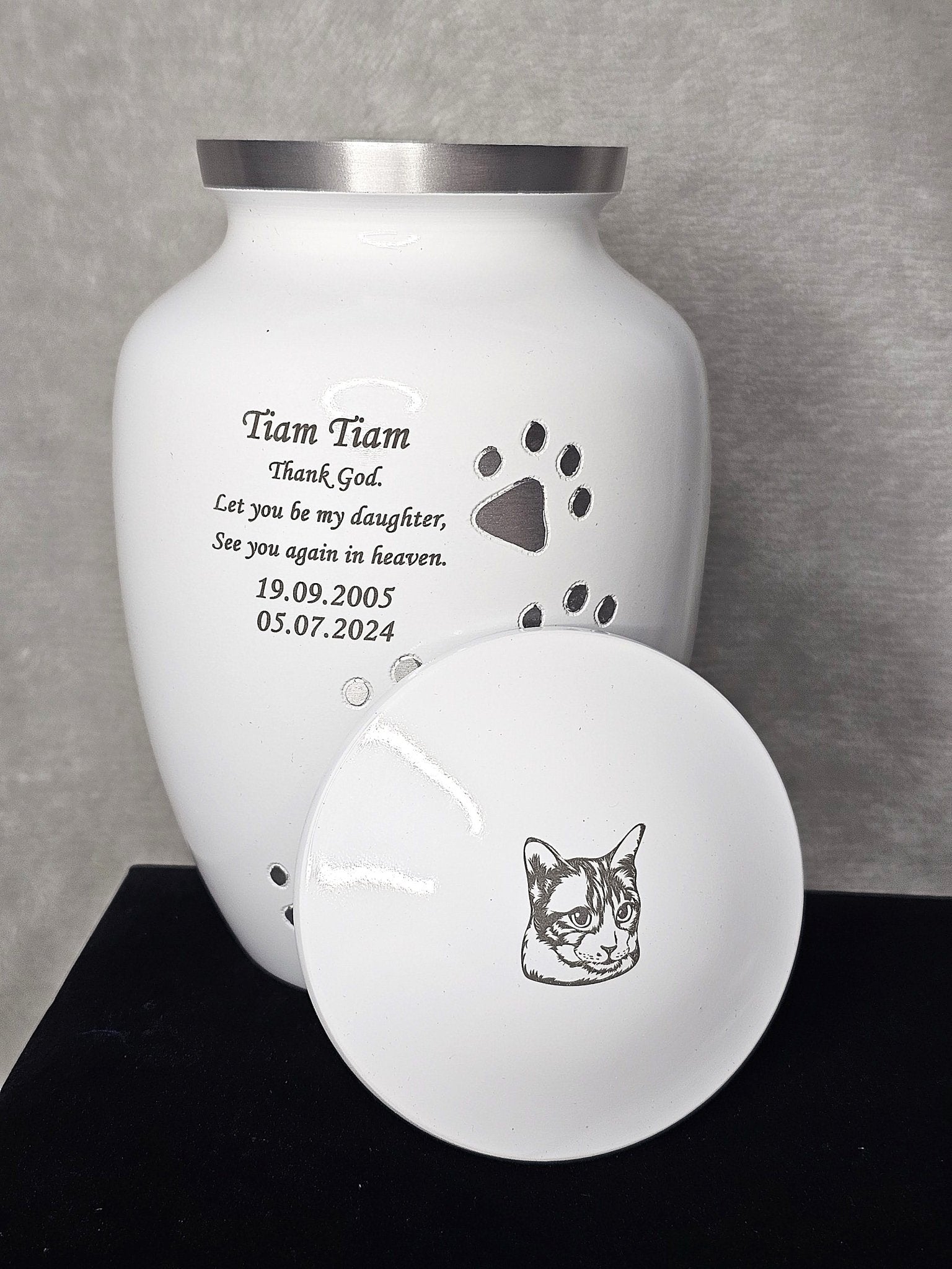 Personalised White Running Paw Jar Urn - FREE Velvet Box & Velvet Bag - Living Forever Memories - For then, For now, Forever.