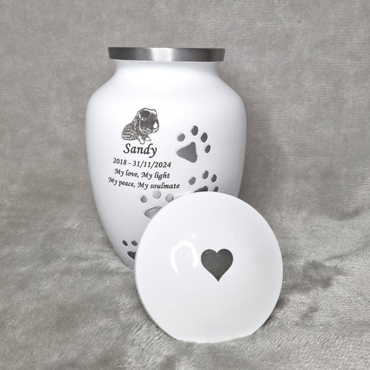Personalised White Running Paw Jar Urn - FREE Velvet Box & Velvet Bag - Living Forever Memories - For then, For now, Forever.