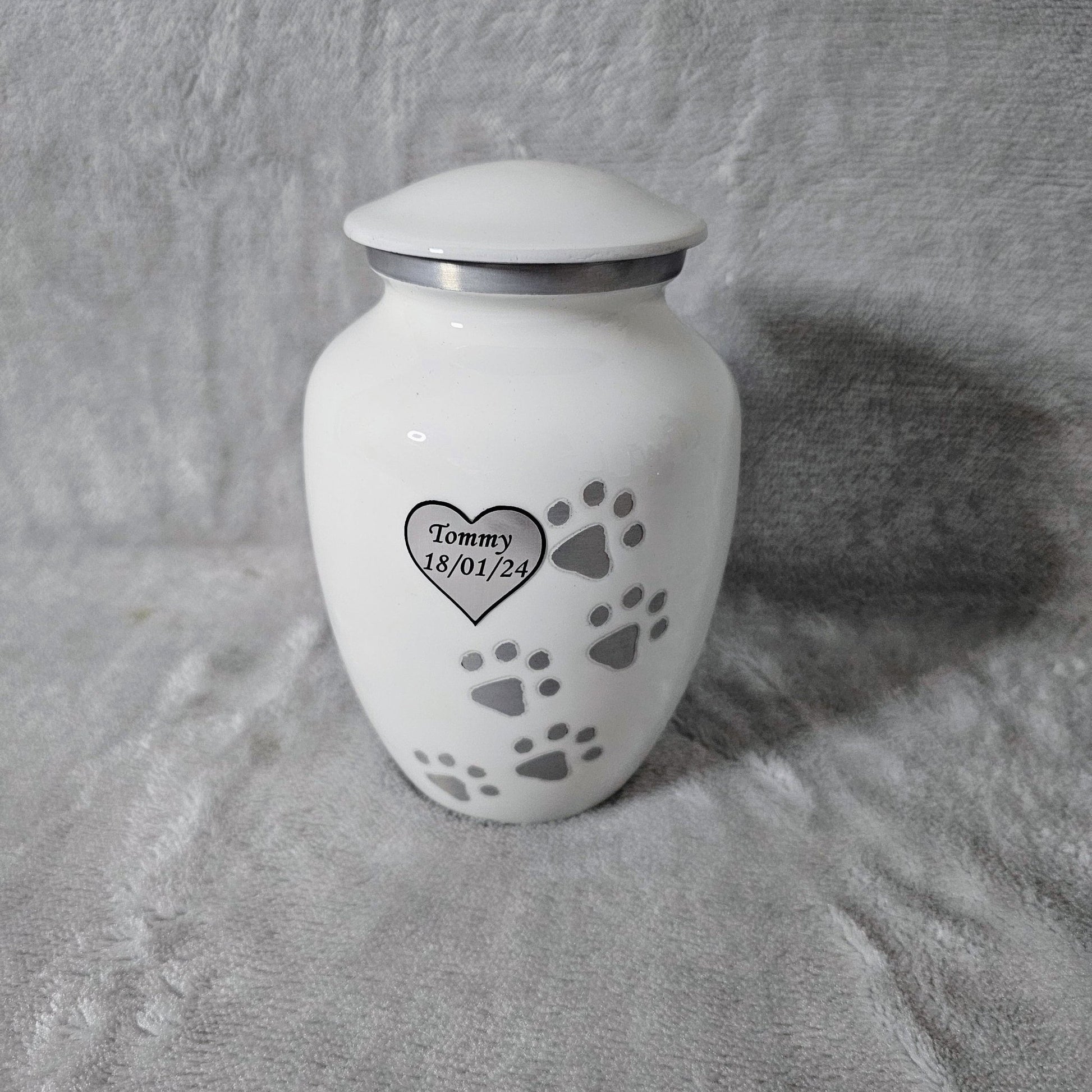 Personalised White Running Paw Jar Urn - FREE Velvet Box & Velvet Bag - Living Forever Memories - For then, For now, Forever.