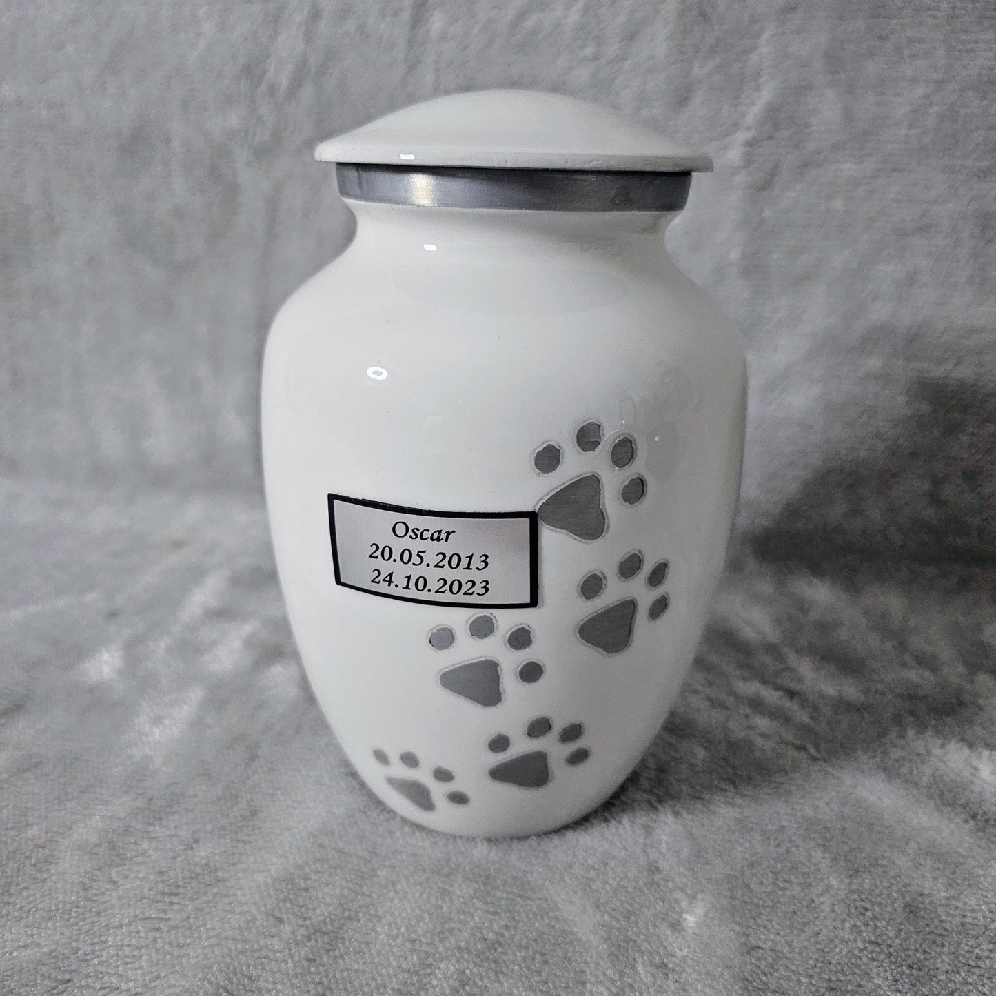 Personalised White Running Paw Jar Urn - FREE Velvet Box & Velvet Bag - Living Forever Memories - For then, For now, Forever.