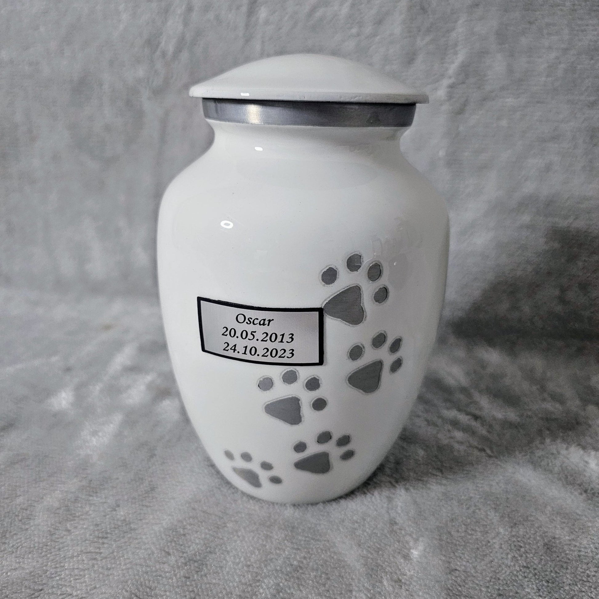 Personalised White Running Paw Jar Urn - FREE Velvet Box & Velvet Bag - Living Forever Memories - For then, For now, Forever.