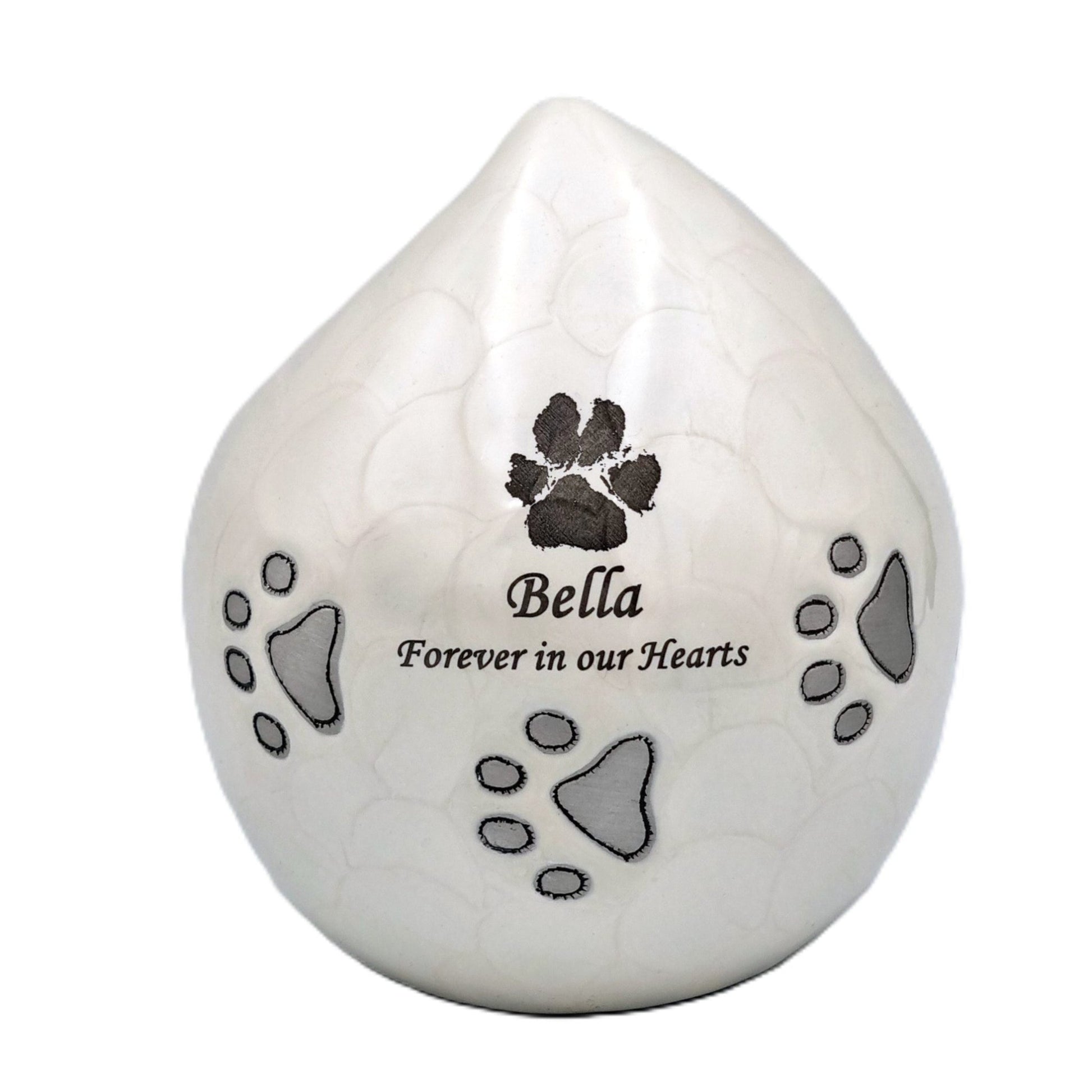 White Teardrop Pet Urn – Personalised - Living Forever Memories - For then, For now, Forever.