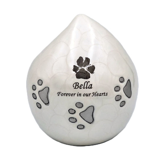 White Teardrop Pet Urn – Personalised - Living Forever Memories - For then, For now, Forever.