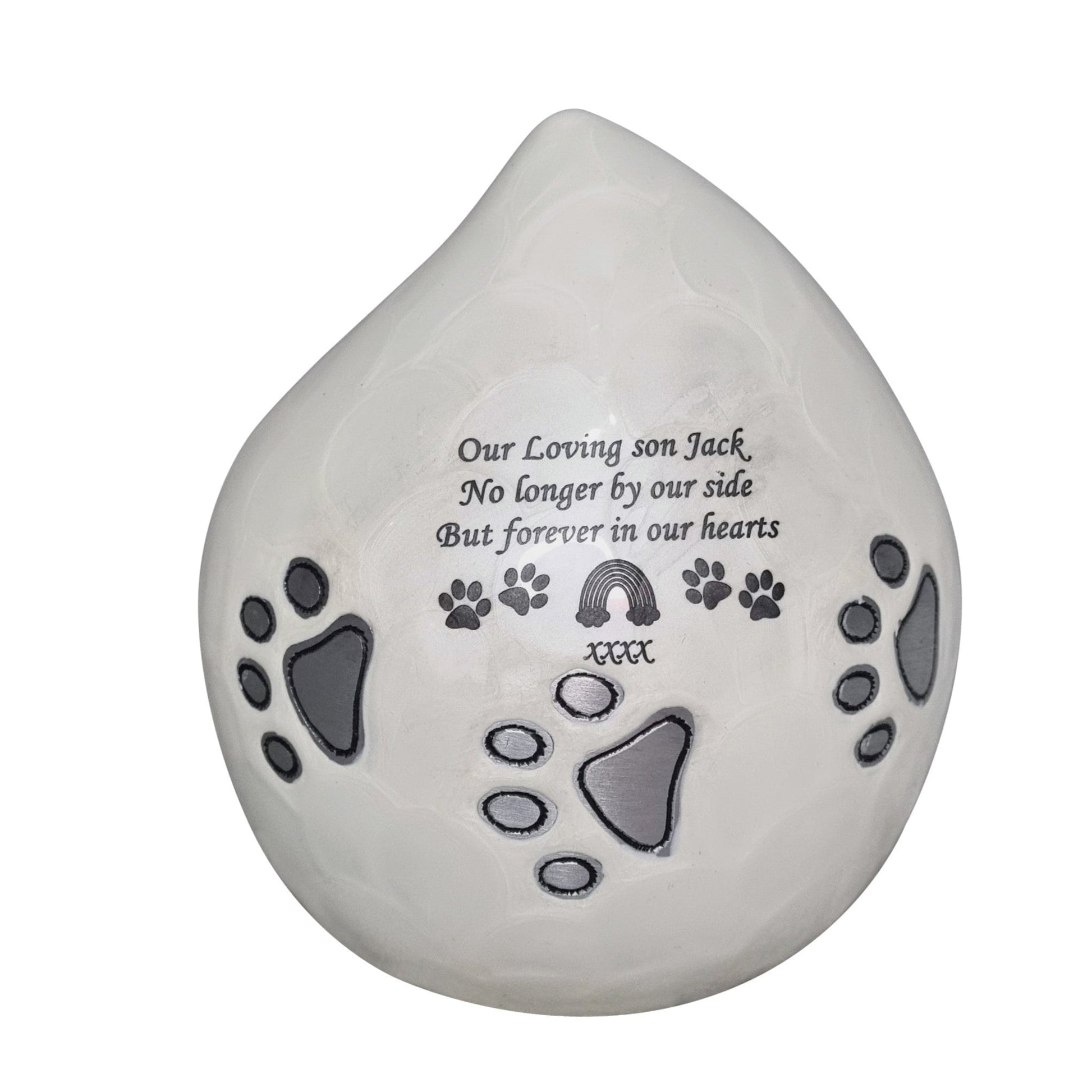 White Teardrop Pet Urn – Personalised - Living Forever Memories - For then, For now, Forever.