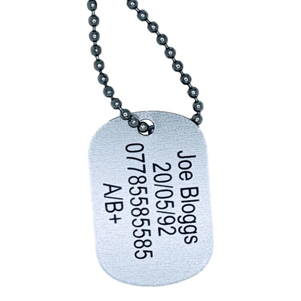 ACU Compliant ID Tags Silver Black Tags. Team Bespoke Logos