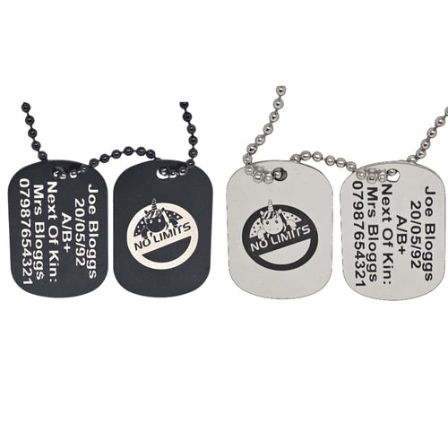 ACU Compliant ID Tags Silver & Black Tags. (Team/Bespoke Logos accepted) - Living Forever Memories - For then, For now, Forever.
