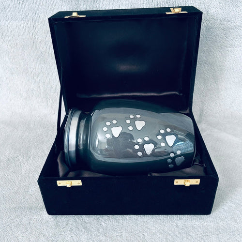 Handmade Grey Paw Printed Pet Cremation Urn. (Free Velvet Bag & Presentation Box) - LFmemories - For Then, For Now, Forever.