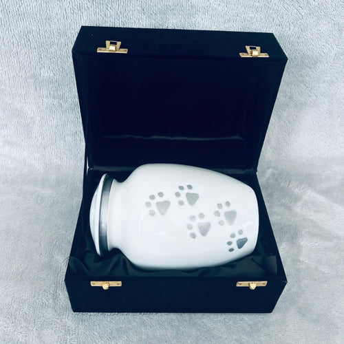 Handmade White Paw Printed Pet Cremation Urn. (Free Velvet Bag & Presentation Box) - LFmemories - For Then, For Now, Forever.
